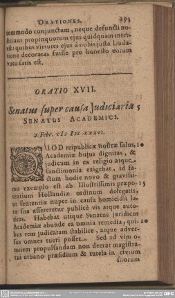 Oratio XVII. Senatus super causa Judiciaria Senatus Academici