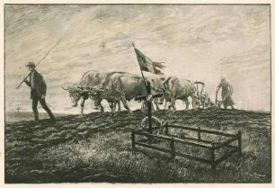 Französisches Bauernpaar beim Pflügen mit vorgespannten Ochsen, im rechten Vordergrund eingezäuntes Grab eines gefallenen franz. Soldaten, darüber weht eine zerschlissene Trikolore