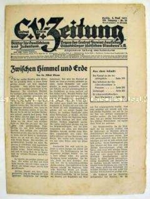 Wochenblatt des Central-Vereins deutscher Staatsbürger jüdischen Glaubens "C.V.-Zeitung" u.a. über jüdische Opfer im 1. Weltkrieg
