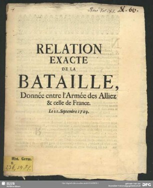 Relation Exacte De La Bataille, Donnée entre l'Armée des Alliez & celle de France : Le 11. Septembre 1709