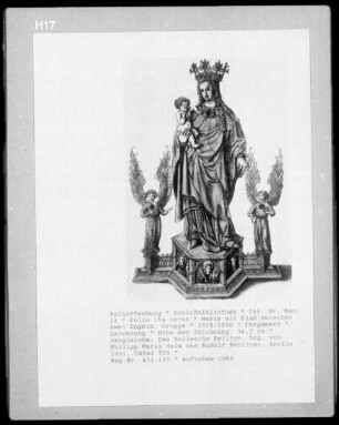 Ms 14, fol 154 v: Figurengruppe - Maria mit Kind zwischen zwei Engeln
