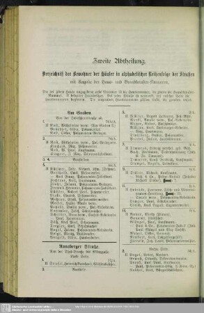 Zweite Abtheilung. Häuserbuch : Zweite Abtheilung Verzeichniß der Bewohner der Bewohner der Häuser in alphabetischer Reihenfolge der Straßen
