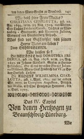 Das IV. Capitel. Von denen Hertzogen zu Braunschweig-Lüneburg. - Das V. Capitel. Von denen Hertzogen zu Mecklenburg.