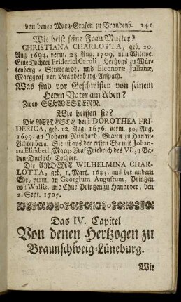 Das IV. Capitel. Von denen Hertzogen zu Braunschweig-Lüneburg. - Das V. Capitel. Von denen Hertzogen zu Mecklenburg.