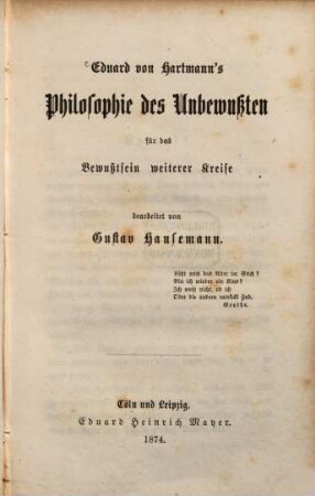 Eduard von Hartmann's Philosophie des Unbewußten für das Bewußtsein weiterer Kreise