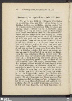 Gewinnung der vegetabilischen Fette und Oele