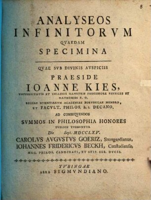 Analyseos infinitorum quaedam specimina