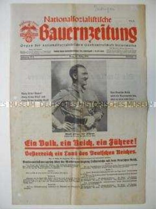 Österreichische "Nationalsozialistische Bauernzeitung" zum Bundesverfassungsgesetz über die Wiedervereinigung Österreichs mit dem Deutschen Reich