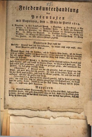 Friedens-Unterhandlung der Potentaten mit Napoleon, den 1. März in Paris 1814