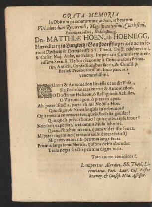 Grata Memoria In Obitum praematurum quidem, at beatum Viri ... Dn. Matthiae Hoen, ab Hoenegg ...