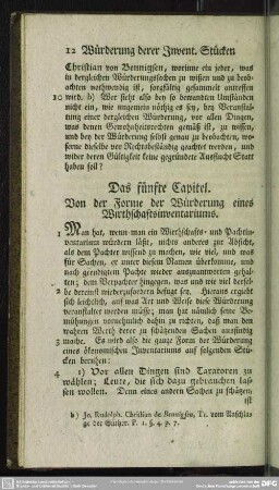 Das fünfte Capitel. Von der Forme der Würderung eines Wirthschaftsinventariums