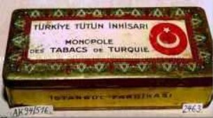 Blechdose für "100 CIGARETTES 'SIGARA',TÜRKIYE TÜTÜN INHISARI, MONOPOLE DES TABACS DE TURQUIE"