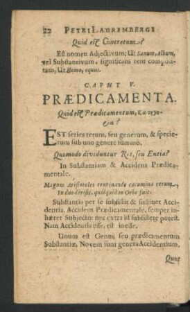 Caput V. Praedicamenta. Quid est Praedicamentum ...?