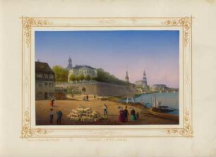Ansicht der Brühlschen Terrasse mit Belvedere, gouachierte Lithogr., um 1850 : Ansicht der Brühlschen Terrasse mit Belvedere und Ausschiffungsplatz in Dresden, - [ca. 1850]. - 1 Kunstblatt : gouachierte Lithogr. ; 17 x 11 cm