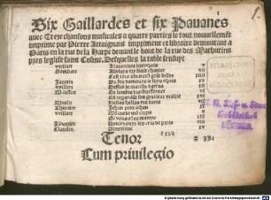 Six Gaillardes et six Pauanes auec Treze chansons musicales a quatre parties le tout nouuellemẽt imprime
