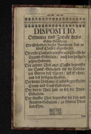 Dispositio, Ordnung und Inhalt dieses Gebet-Büchleins.