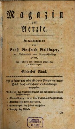 Magazin vor Aerzte. 2, [2] = Stück 7 - 12. 1777/78 (1778)