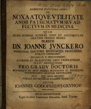Dissertatio Inavgvralis Medica De Noxa Atqve Vtilitate Animi Pathematvm Sev Adfectvvm In Medicina