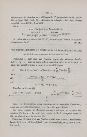 UNE NOUVELLE FORME DU RESTE DANS LA FORMULE DE TAYLOR.