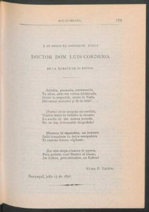 Á mi amigo el eminente poeta Doctor Don Luis Cordero, en la muerte de su esposa
