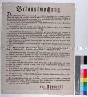 Bekanntmachung des sächsischen Kanzlers Julius von Könneritz über den Ablauf des Dankfestes anlässlich der Beendigung der Unruhen