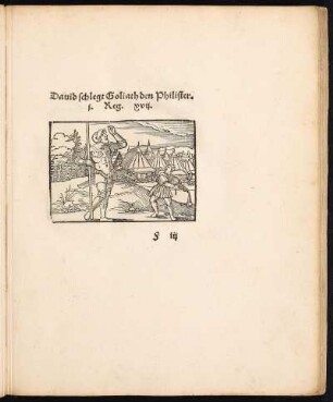Holzschnitt: David schlegt Goliath den Philister. i. Reg. xvii.
