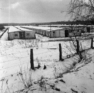 Heinrichshof, Gut: stillgelegte Schweinemastanlage: Blick auf die ehemaligen Schweinställe: vorn Böschung mit Stacheldrahtzaun und Sträucher: Winter