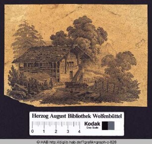 Ein Haus in bewaldeter Landschaft, davor ein Mann und eine Frau