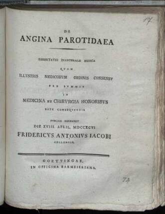 De Angina Parotidaea Dissertatio Inauguralis Medica