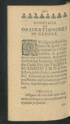 Disputatio De Obligationibus In Genere.