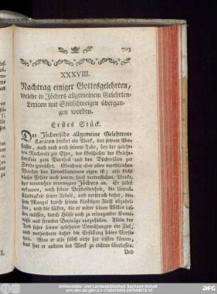 XXXVIII. Nachtrag einiger Gottesgelehrten, welche in Jöchers allgemeinem Gelehrten-Lexicon mit Stillschweigen übergangen worden. Erstes Stück.
