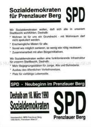 Flugblatt der SPD-Prenzlauer Berg zur Volkskammerwahl am 18. März 1990 in der DDR