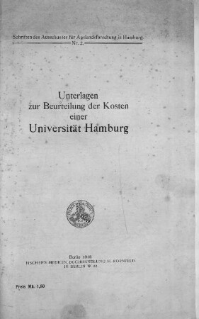 Unterlagen zur Beurteilung der Kosten einer Universität Hamburg