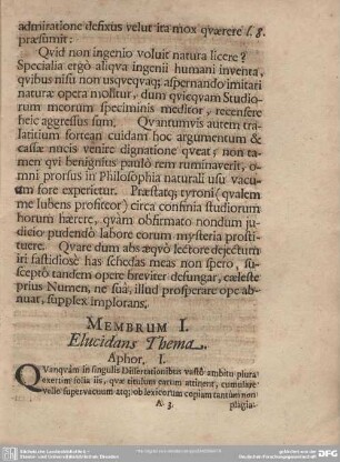MEMBRUM I. Elucidans Thema. Aphor. I. - IX.