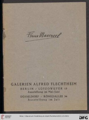 Frans Masereel : Ausstellung im Mai/Juni, Düsseldorf, Ausstellung im Juli