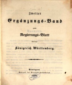 Regierungsblatt für das Königreich Württemberg. 1852,[a] = Erg.-Bd. 2