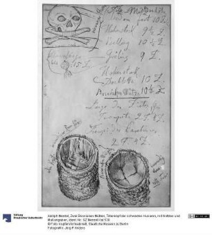 Zwei Bosniaken-Mützen, Totenkopf der schwarzen Husaren, mit Notizen und Maßangaben
