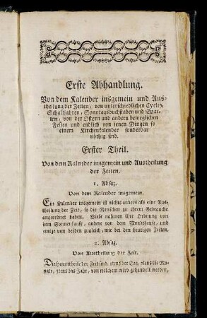 Erster Theil. Von dem Kalender insgemein und Austheilung der Zeiten.