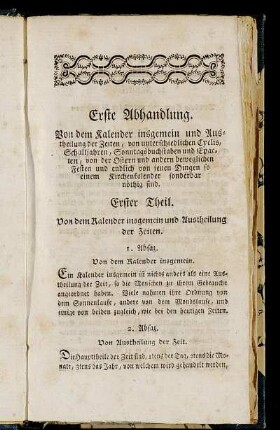 Erster Theil. Von dem Kalender insgemein und Austheilung der Zeiten.