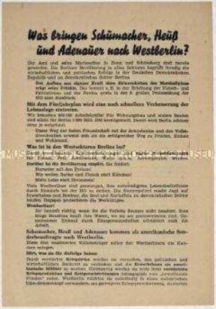 Flugblatt der SED gegen die westlichen Besatzungsmächte und die Rüstungspolitik der Bundesrepublik