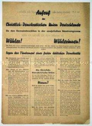 Aufruf der CDU zu den Gemeindewahlen 1946 in der sowjetischen Besatzungszone mit einer Darstellung der Ziele und Forderungen der Partei