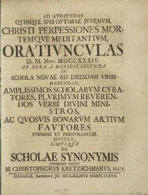 Ad Avdiendas Qvinqve Spei Optimae Jvvenvm, Christi Perpessiones Mortemqve Meditativm