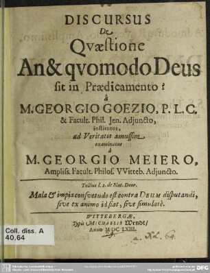 Discursus de quaestione an quomodo Deus sit in praedicamento