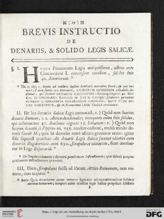 Brevis Instructio de Denariis, & Solido Legis Salicae