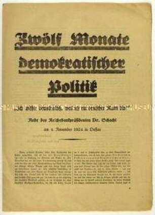 Flugschrift mit einer Rede von Hjalmar Schacht am 4. November 1924 in Dessau und Aufruf zur Reichstagswahl am 7. Dezember 1924