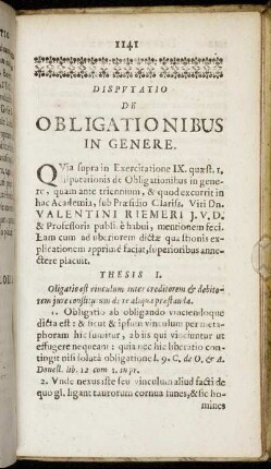 Disputatio De Obligationibus In Genere.