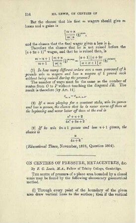 On centres of pressure, metacentres, &c.