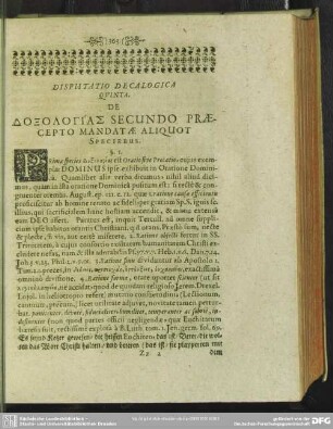 Disputatio Decalogica Quinta. De Dosologias Secundo Praecepto Mandate Aliquot Speciebus