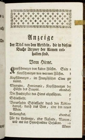 Anzeige der Titel von den Artikeln, die in diesem Buche Arzney der Armen enthalten sind.
