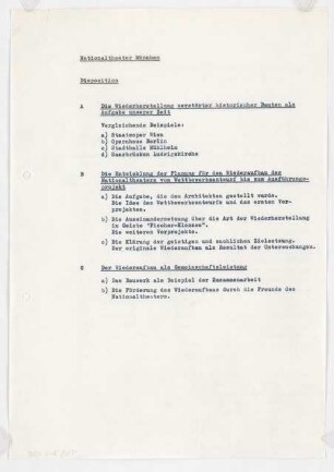 Nationaltheater, München Wiederaufbau: Schriftstück zur Disposition (mehrseitig)